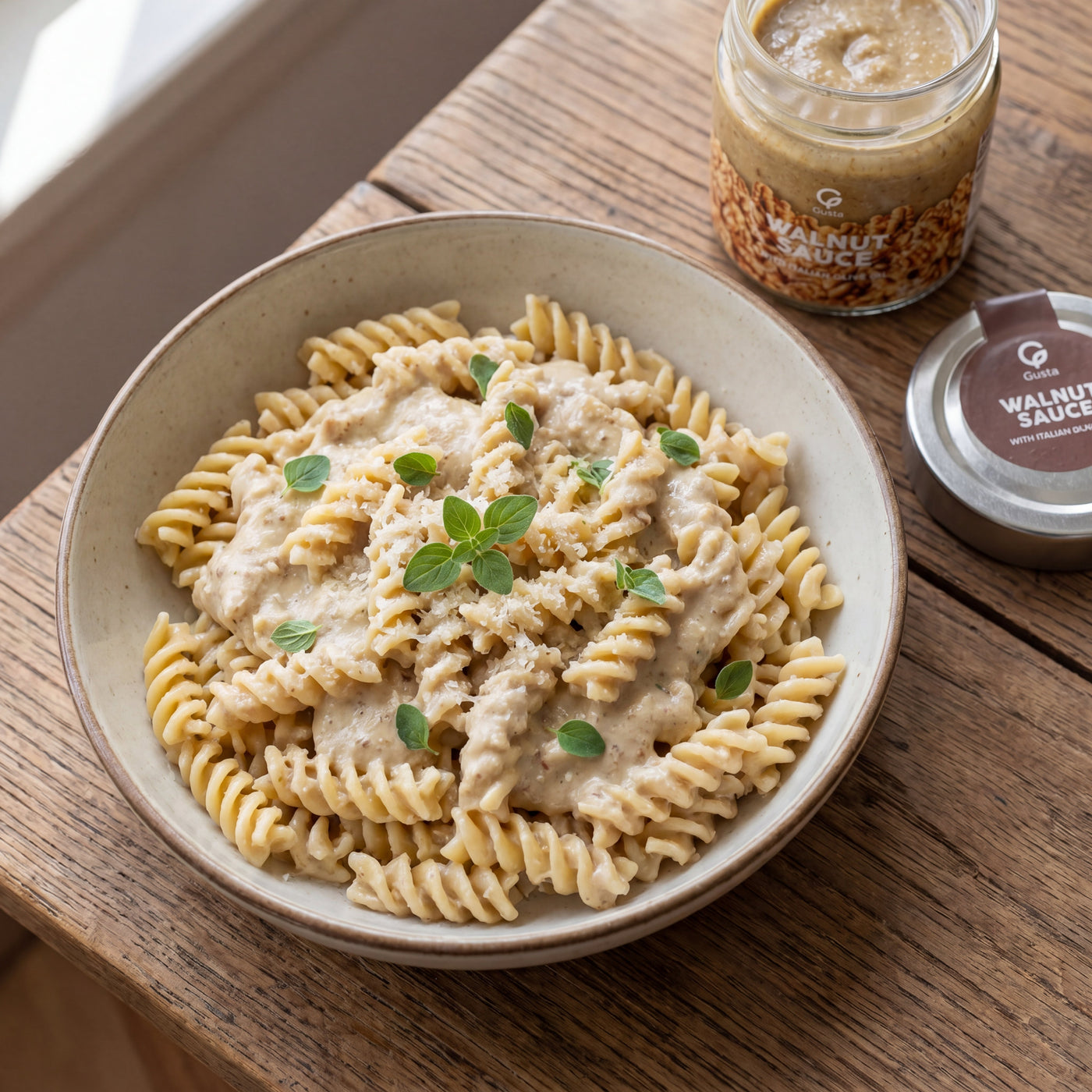 Fusilli alla Salsa di Noci plated, with the Gusta Walnut Sauce alongside