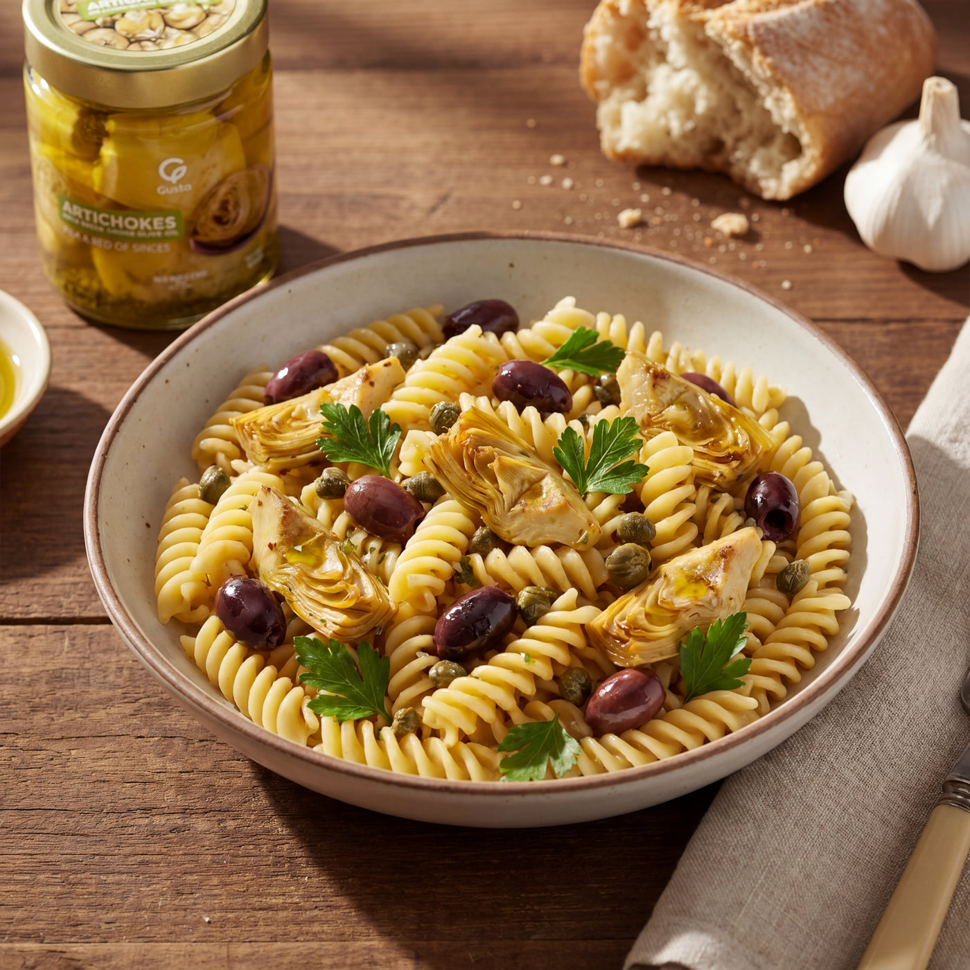 Fusilli con Carciofi, Olive e Capperi plated, with the Gusta Artichokes in Olive Oil alongside