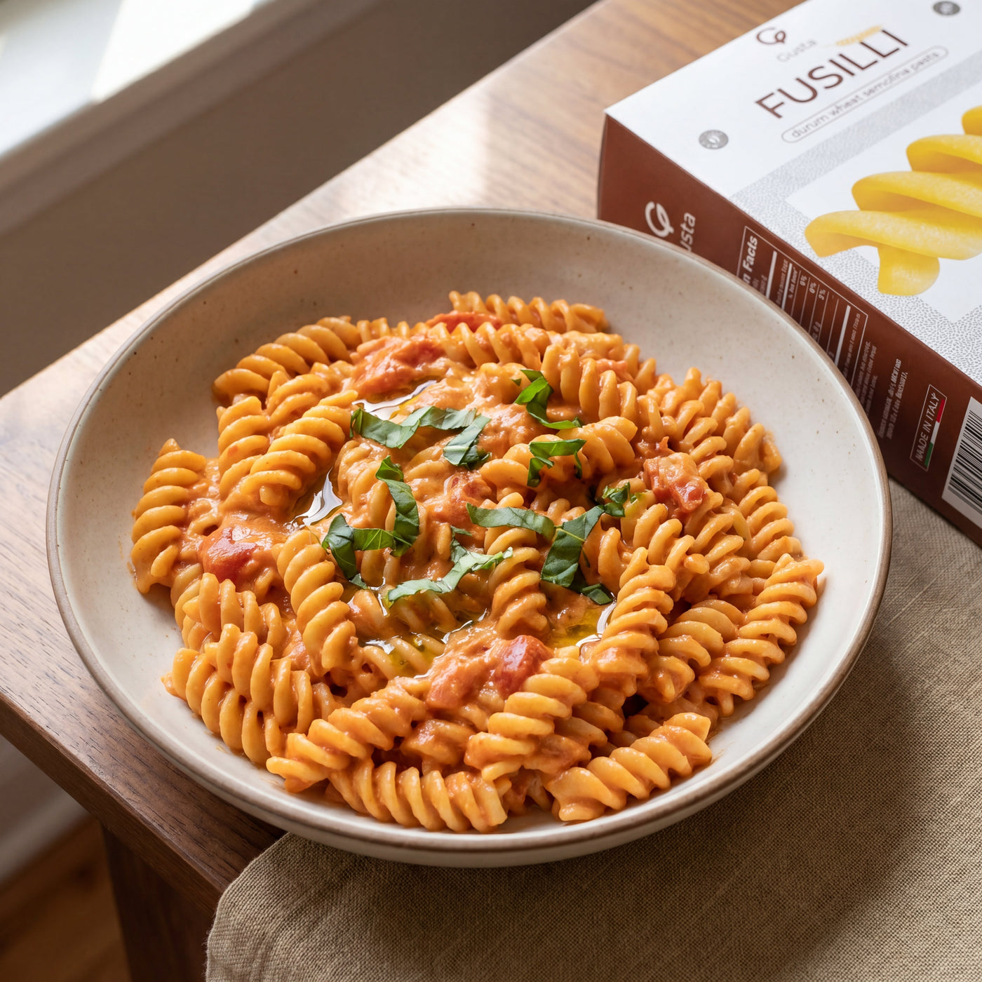 Fusilli con Ricotta e Pomodoro plated, with the Gusta Fusilli pasta alongside