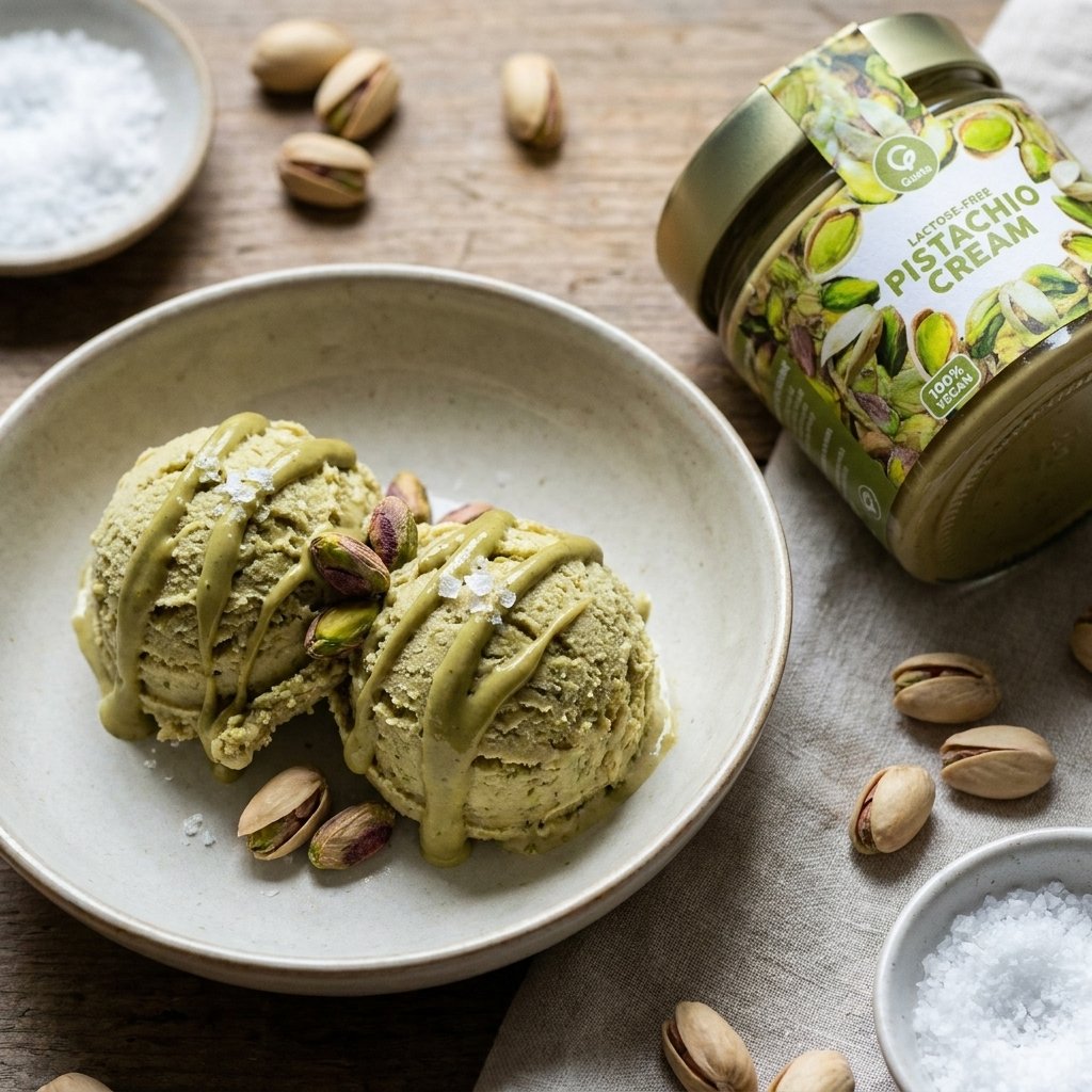 Gelato al Pistacchio plated with Gusta Pistachio Cream alongside