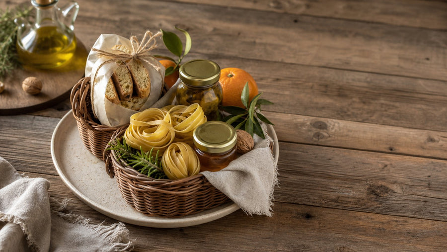 Editorial food photograph of gift baskets on a budget, natural light, no text