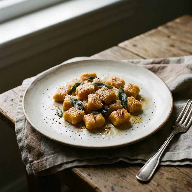Gnocchi di Zucca with butter and sage on a shallow plate