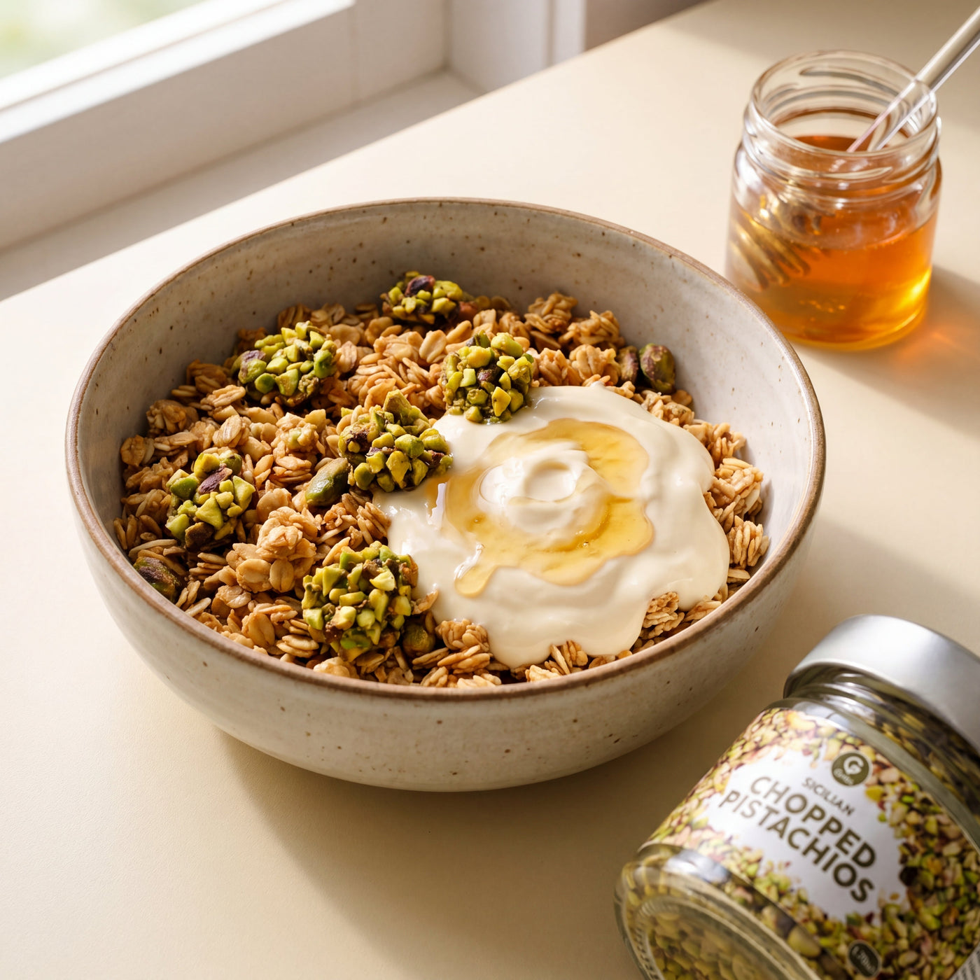 Granola ai Pistacchi in a bowl, with the Gusta chopped pistachios alongside