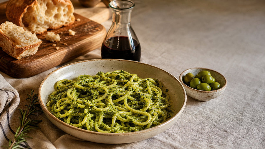Editorial food photograph of how much pesto to 1 lb pasta, natural light, no text
