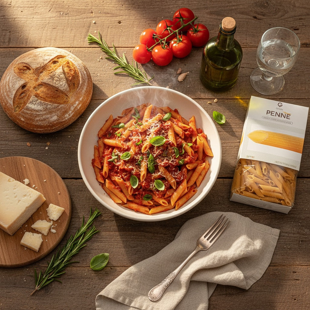 Gusta penne pasta in branded packaging