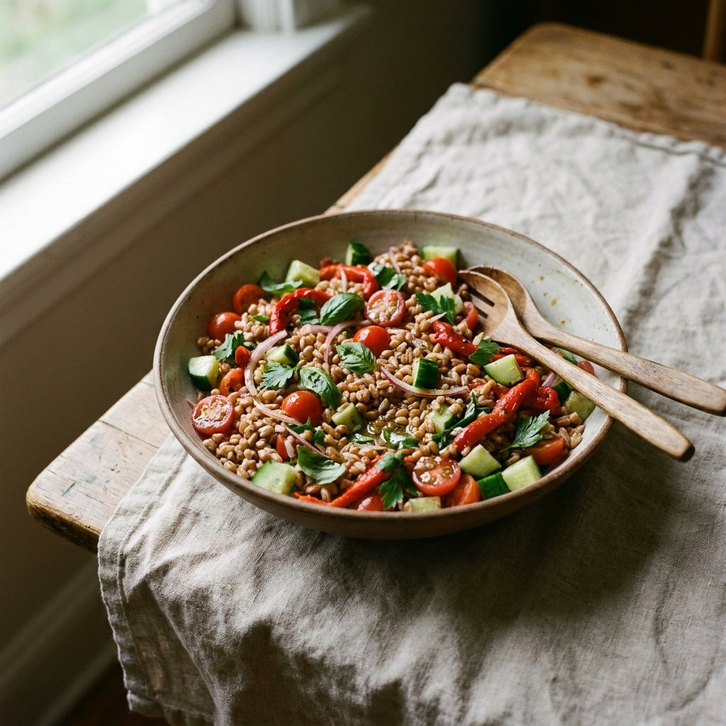 Insalata di Farro with tomatoes, herbs, and chewy farro in a shallow serving bowl