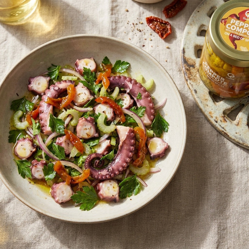 Insalata di Polpo con Composta di Peperoni plated, with the Gusta Pepper Compote in Olive Oil alongside