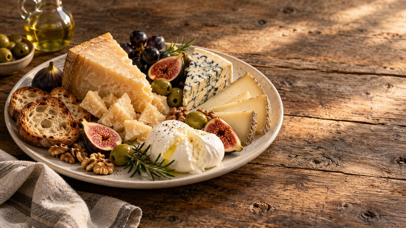 Editorial food photograph of italian cheese board ideas, natural light, no text