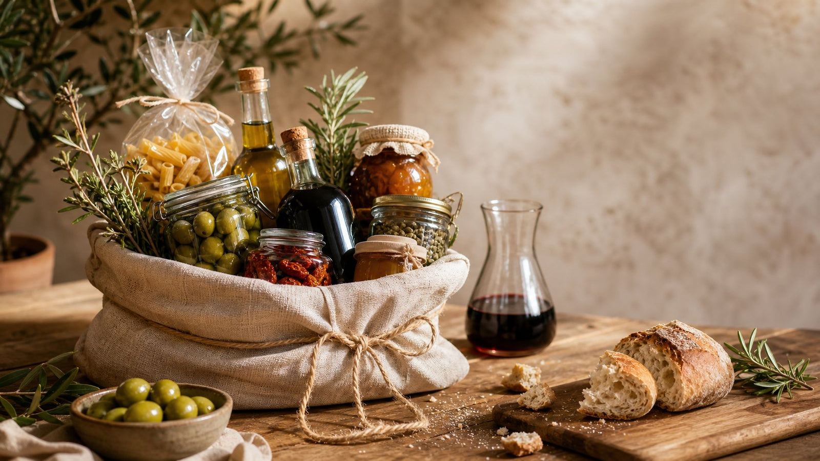 Editorial food photograph of italian housewarming gift, natural light, no text