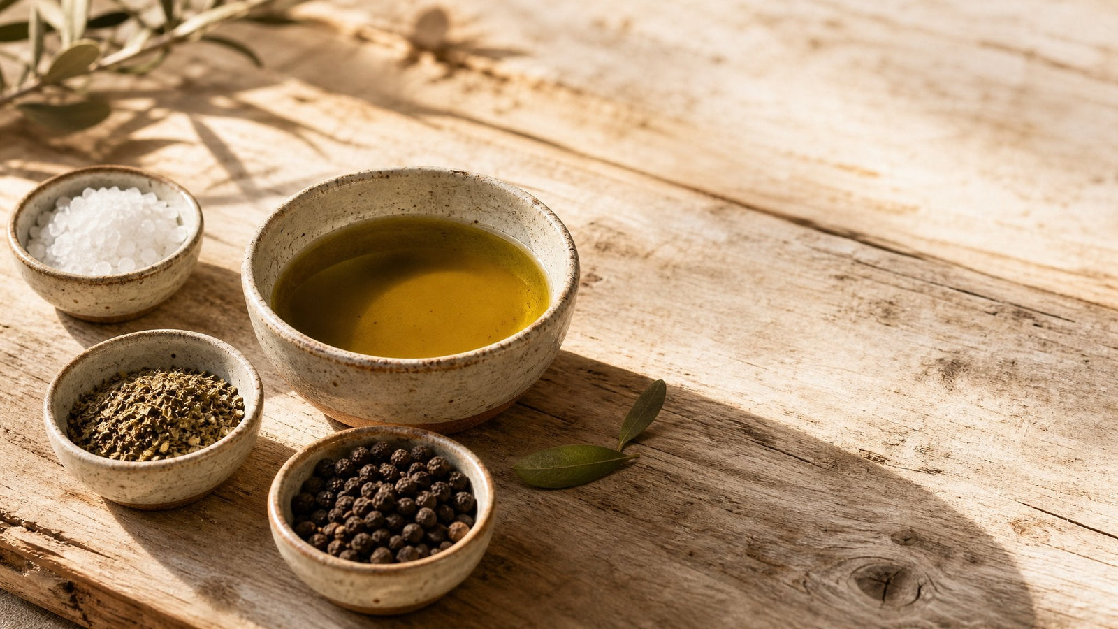 Editorial food photograph of italian pantry essentials, natural light, no text