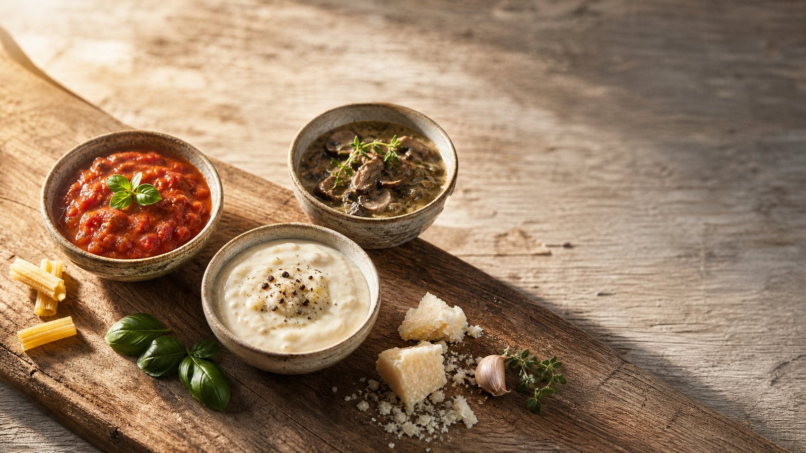 Editorial food photograph of italian pasta sauces, natural light, no text