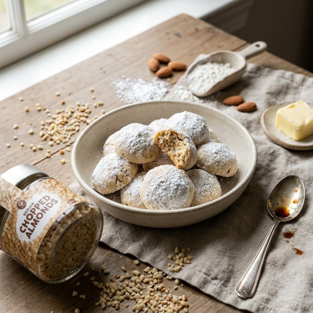 Italian Wedding Cookies plated with Gusta Chopped Almonds alongside