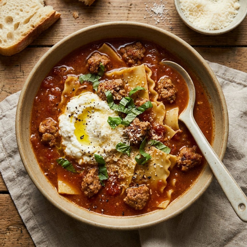 Lasagna Soup plated for the Gusta Recipe Book