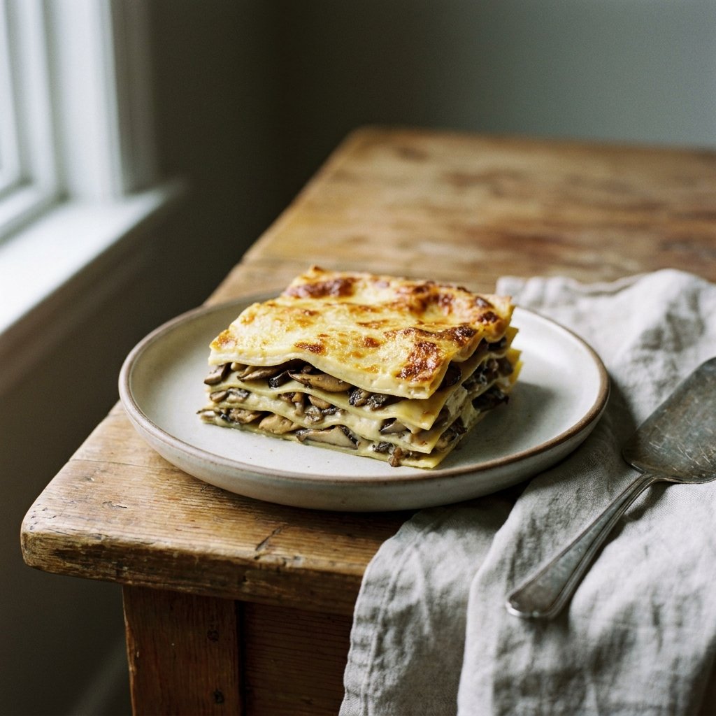 Lasagne ai Funghi sliced to show mushroom layers and bechamel