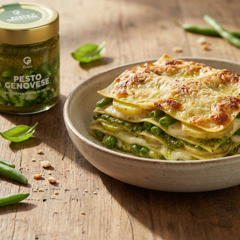 Lasagne al Pesto with Gusta Genovese pesto alongside