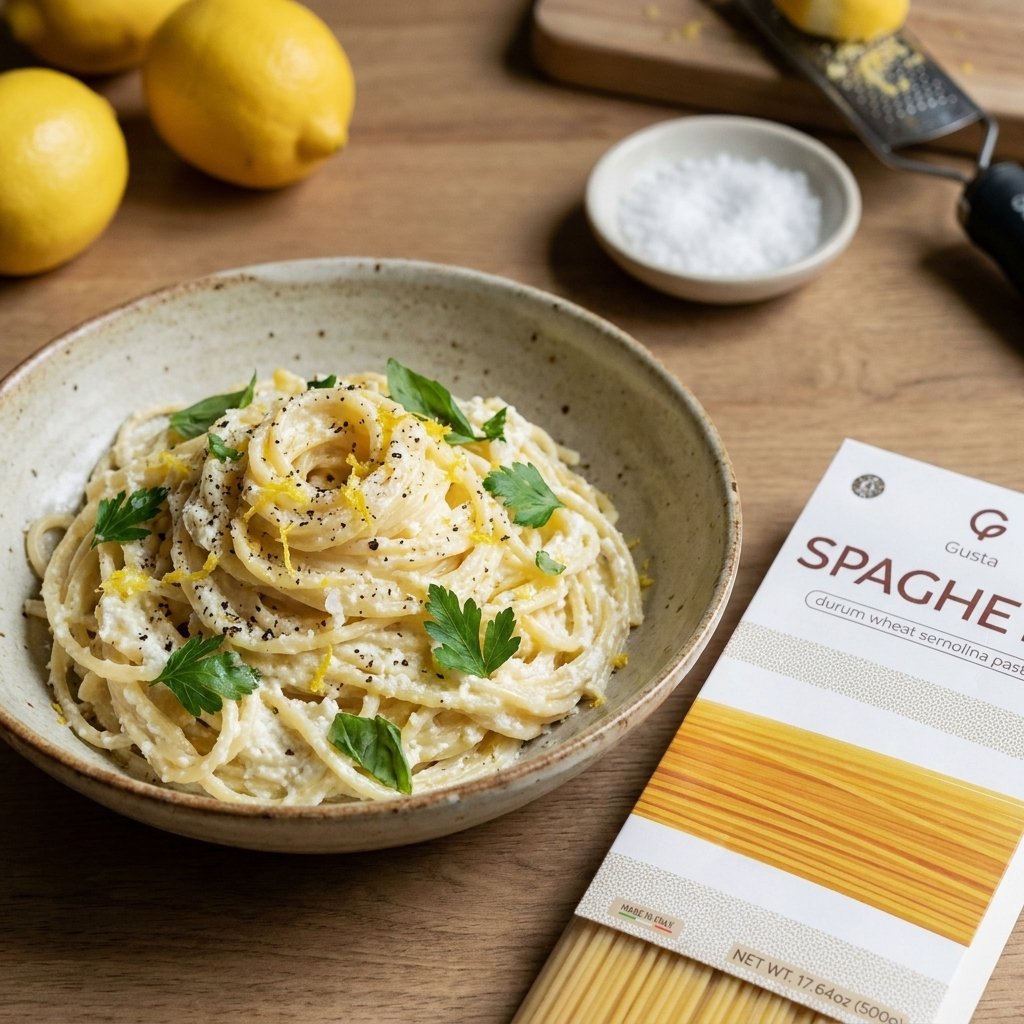 Lemon Ricotta Pasta plated with Gusta Spaghetti Pasta alongside
