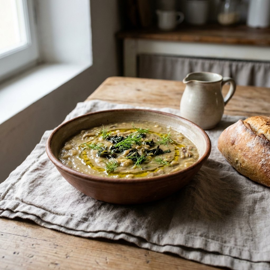Maccu di Fave served in a shallow bowl with greens and olive oil