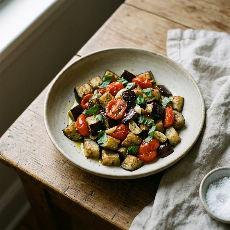 Melanzane a Funghetto with eggplant cubes, cherry tomatoes, and basil