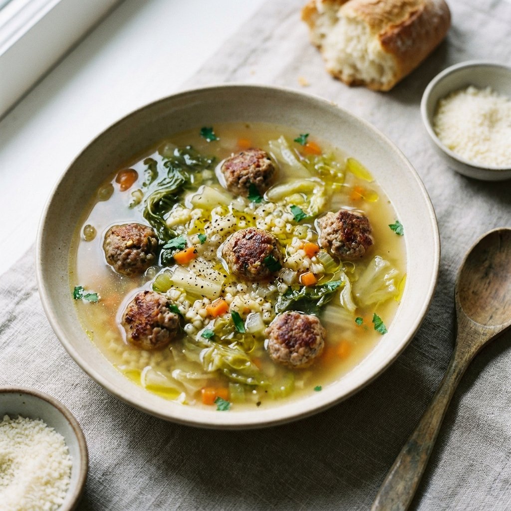 Minestra Maritata (Italian Wedding Soup) plated for the Gusta Recipe Book