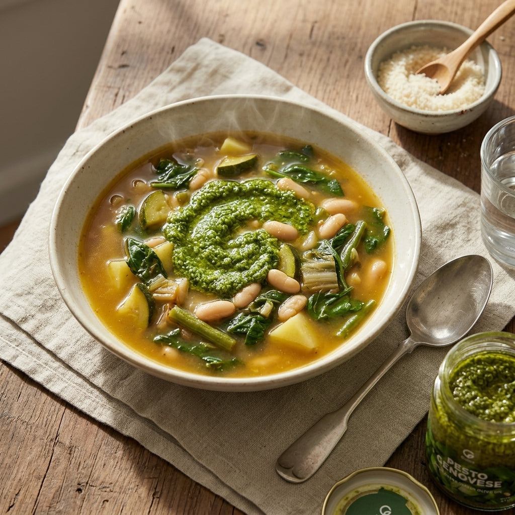 Minestrone alla Genovese with pesto swirl, with the Gusta Genovese Pesto alongside