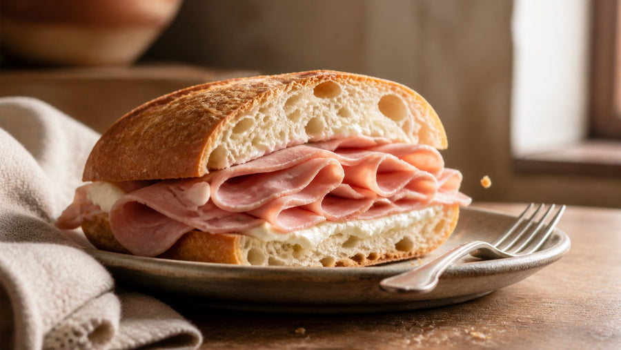 Editorial food photograph of mortadella sandwich, bologna, italy, natural light, no text