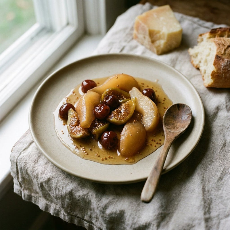 Mostarda di Frutta spooned into a small bowl with fruit pieces in syrup