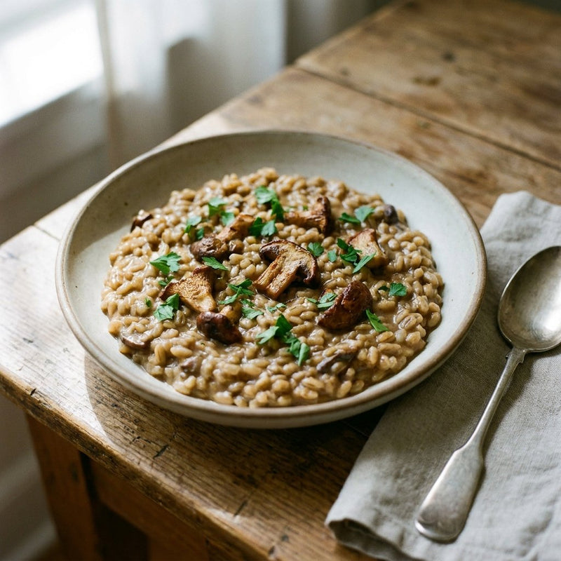 Orzotto ai Funghi with pearl barley and browned mushrooms in a shallow bowl