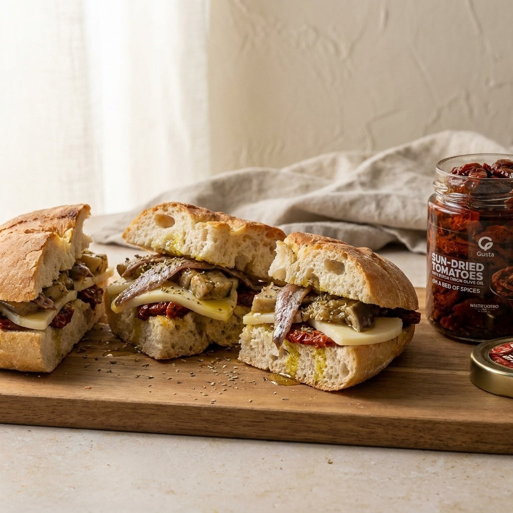 Pane Cunzato alla Messinese plated with Gusta sun-dried tomatoes alongside