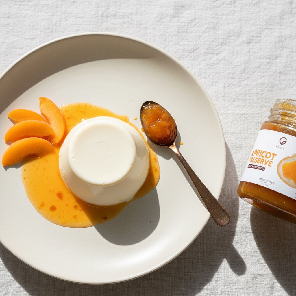 Panna Cotta plated, with the Gusta Apricot Preserve alongside
