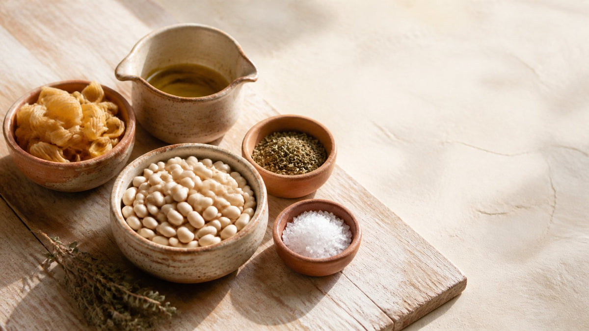 Editorial food photograph of pantry meals from food storage, natural light, no text