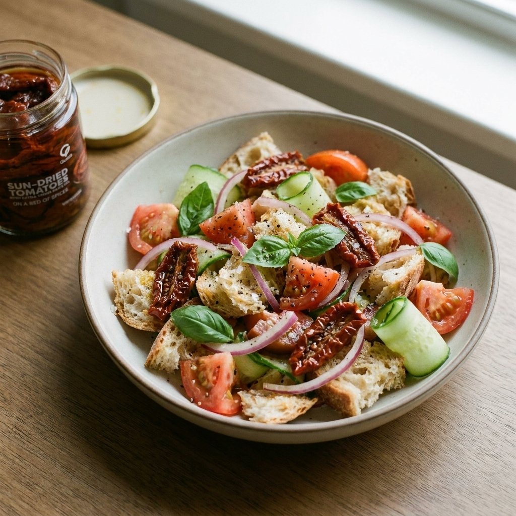 Panzanella plated with Gusta Sun-Dried Tomatoes in Olive Oil alongside