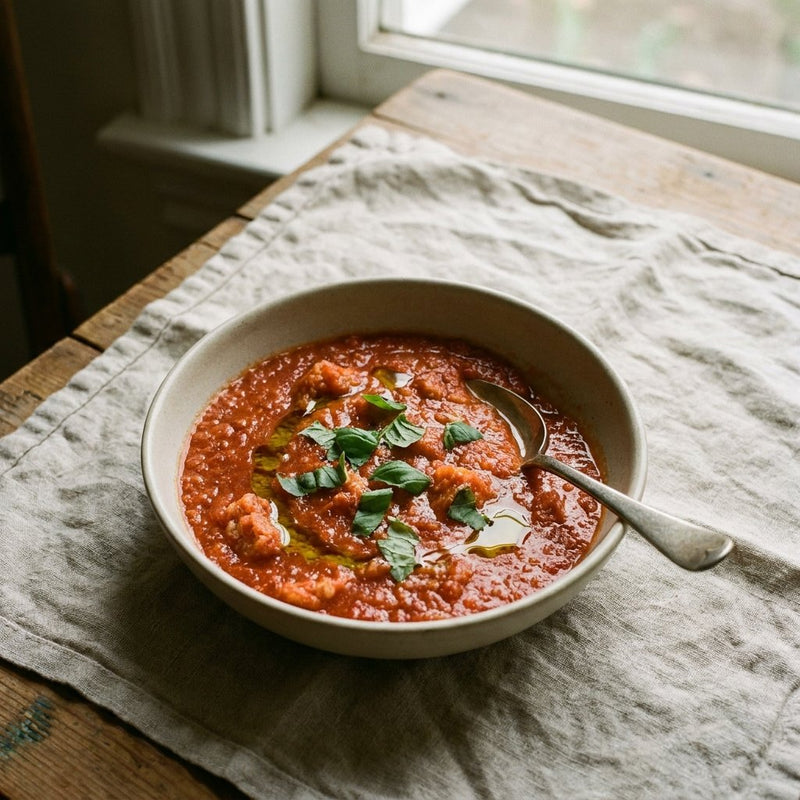 Pappa al Pomodoro plated for the Gusta Recipe Book