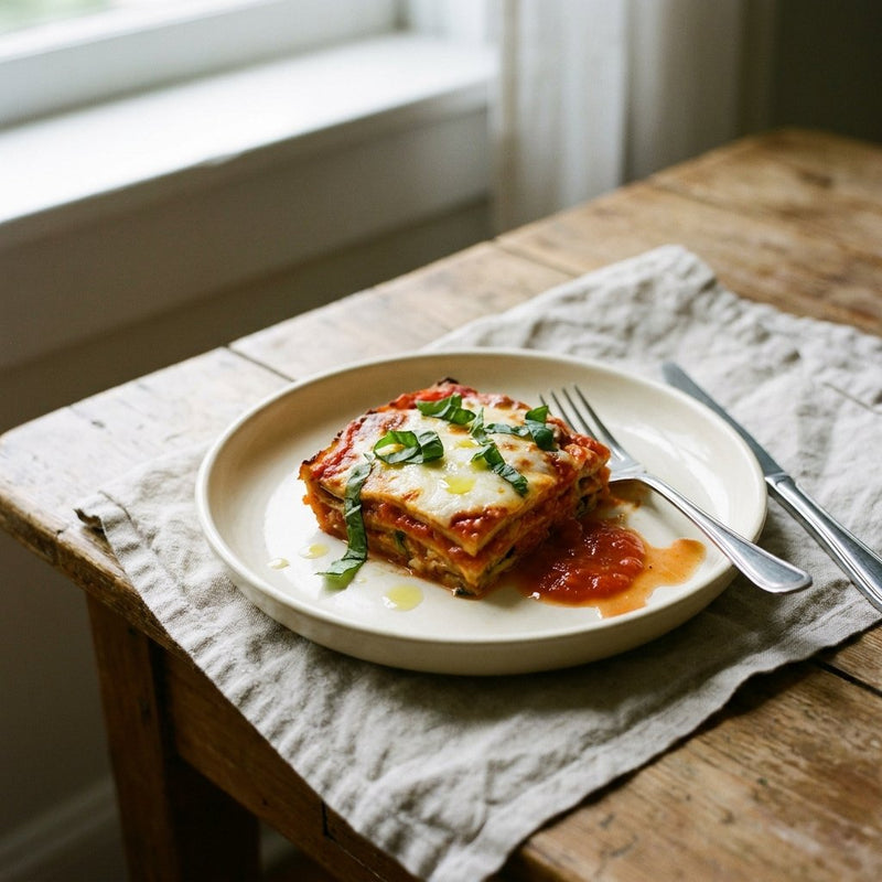 Parmigiana di Zucchine plated for the Gusta Recipe Book
