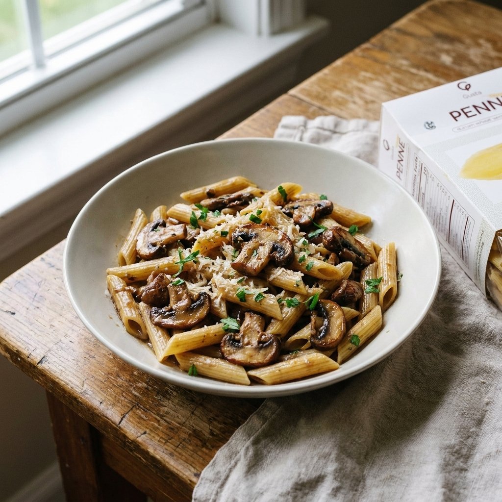Pasta ai Funghi plated for the Gusta Recipe Book