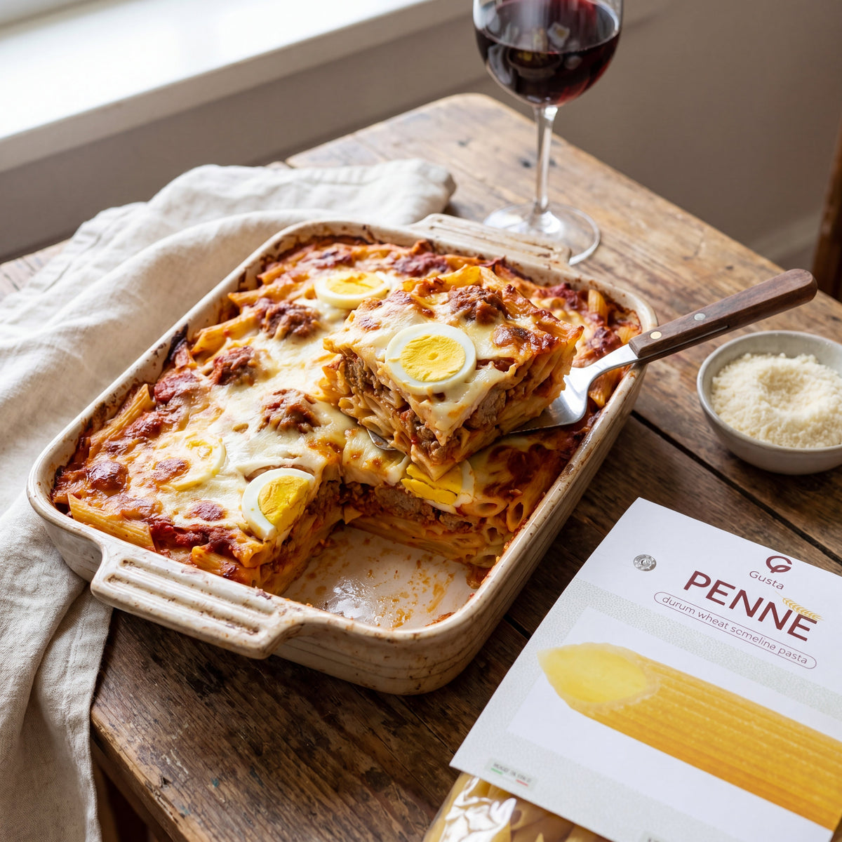 Pasta al Forno cut from the baking dish showing layers of penne, meatballs, bechamel and scamorza, with the Gusta penne package alongside