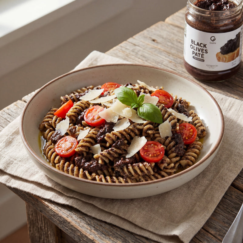 Pasta al Pate di Olive Nere in a ceramic bowl, with the Gusta Black Olive Pate alongside