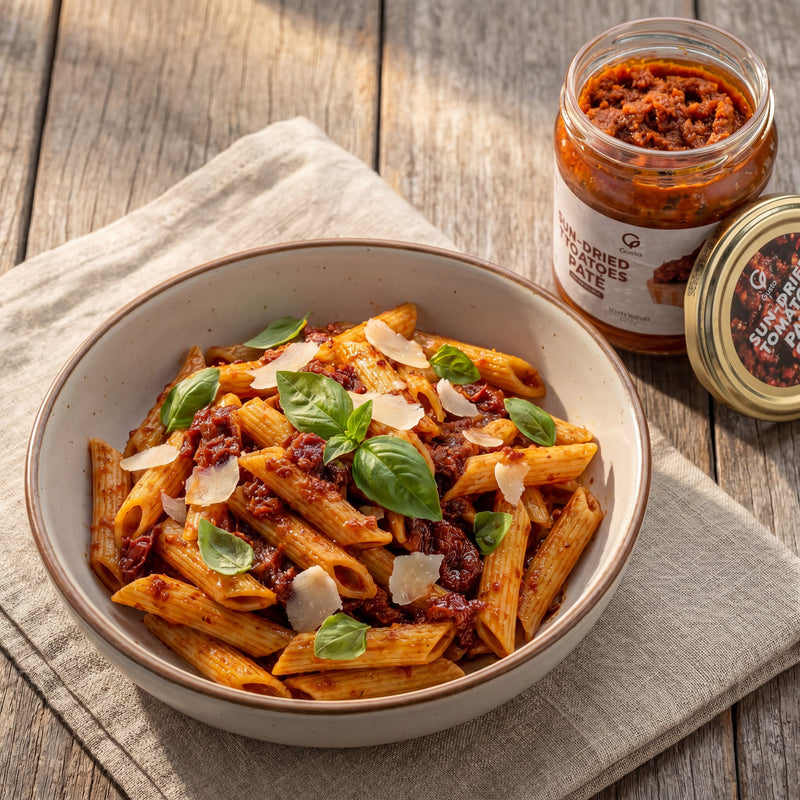Pasta al Patè di Pomodori Secchi in a ceramic bowl with deep ruby-red sun-dried tomato sauce, with the Gusta Sun-Dried Tomato Pate jar alongside