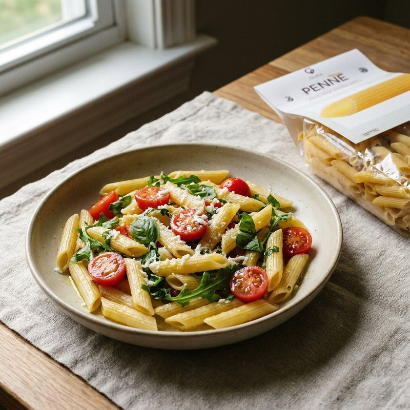 Pasta alla Crudaiola plated for the Gusta Recipe Book