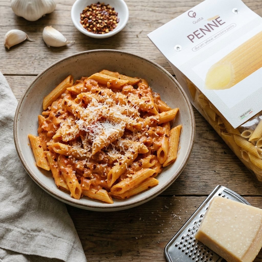 Pasta alla Vodka plated with Gusta Penne Rigate Pasta alongside