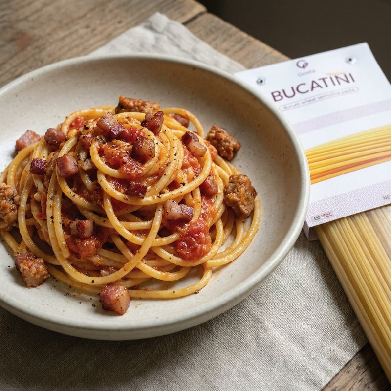 Pasta alla Zozzona plated with Gusta Bucatini Pasta alongside