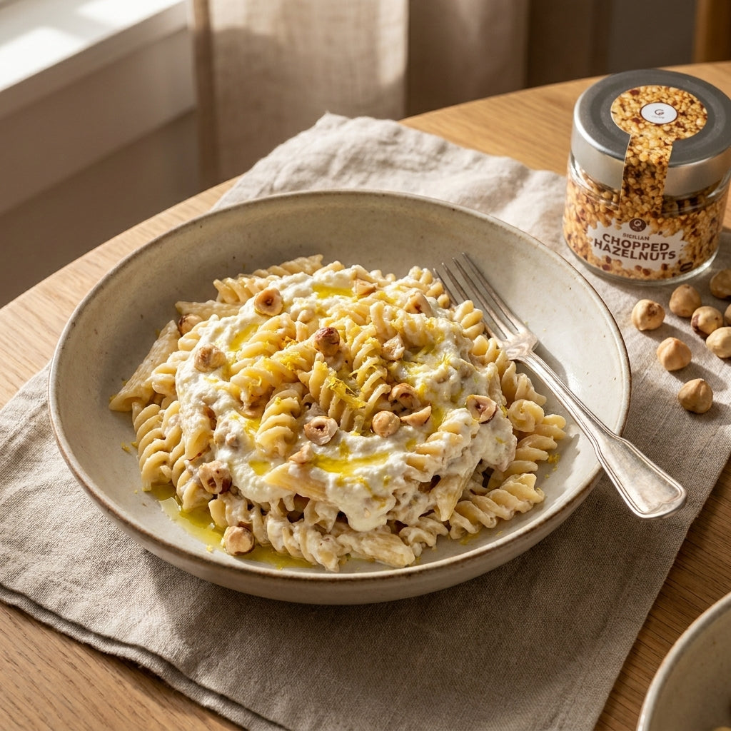 Pasta alle Nocciole e Ricotta in a bowl, with the Gusta chopped hazelnuts alongside