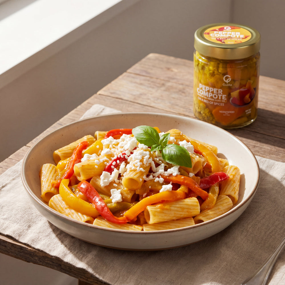 Pasta con Composta di Peperoni e Ricotta Salata