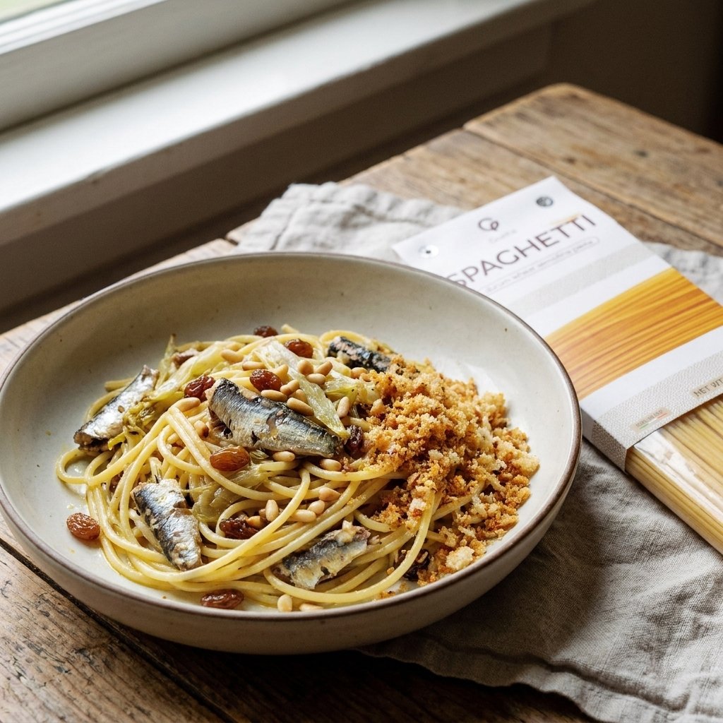 Pasta con le Sarde plated for the Gusta Recipe Book