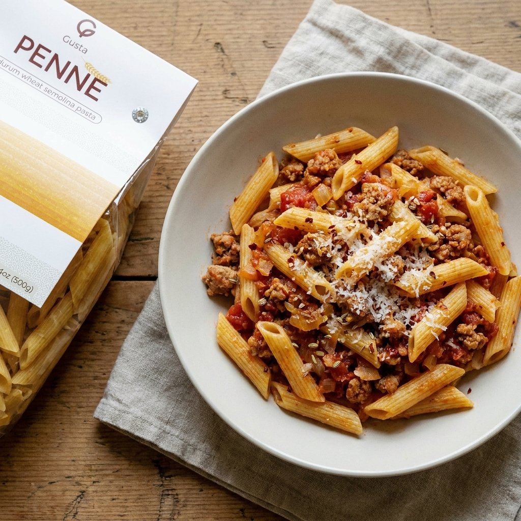Pasta con Salsiccia plated with Gusta Penne Rigate Pasta alongside