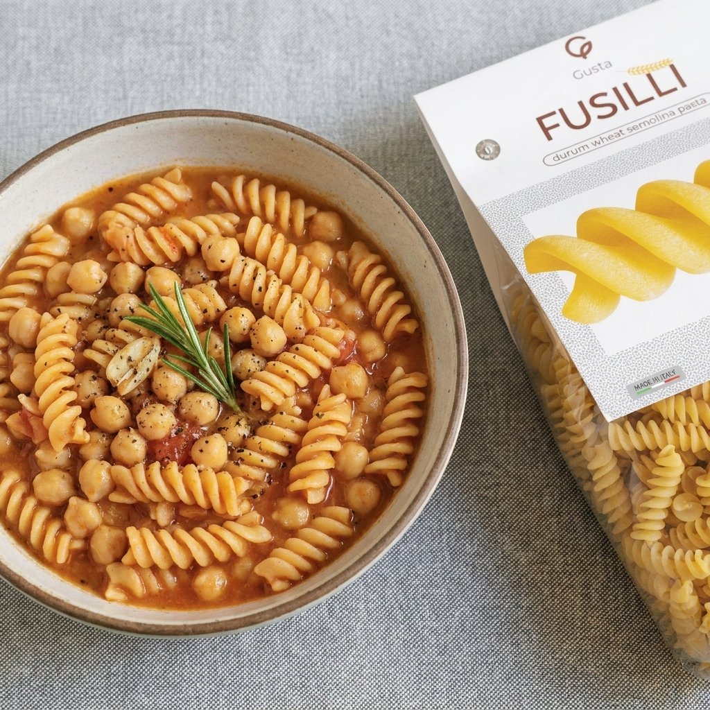 Pasta e Ceci plated with Gusta Fusilli Pasta alongside