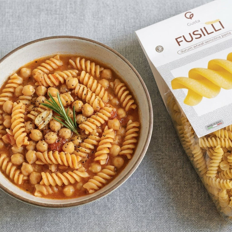 Pasta e Ceci plated with Gusta Fusilli Pasta alongside