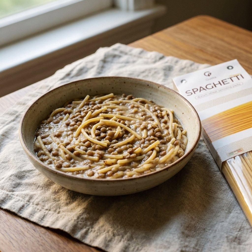 Pasta e Lenticchie plated for the Gusta Recipe Book