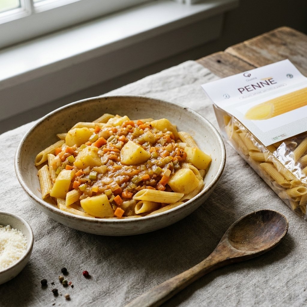 Pasta e Patate plated with Gusta Penne Rigate Pasta alongside