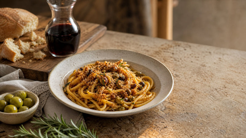 Editorial food photograph of pasta for 1 person, natural light, no text