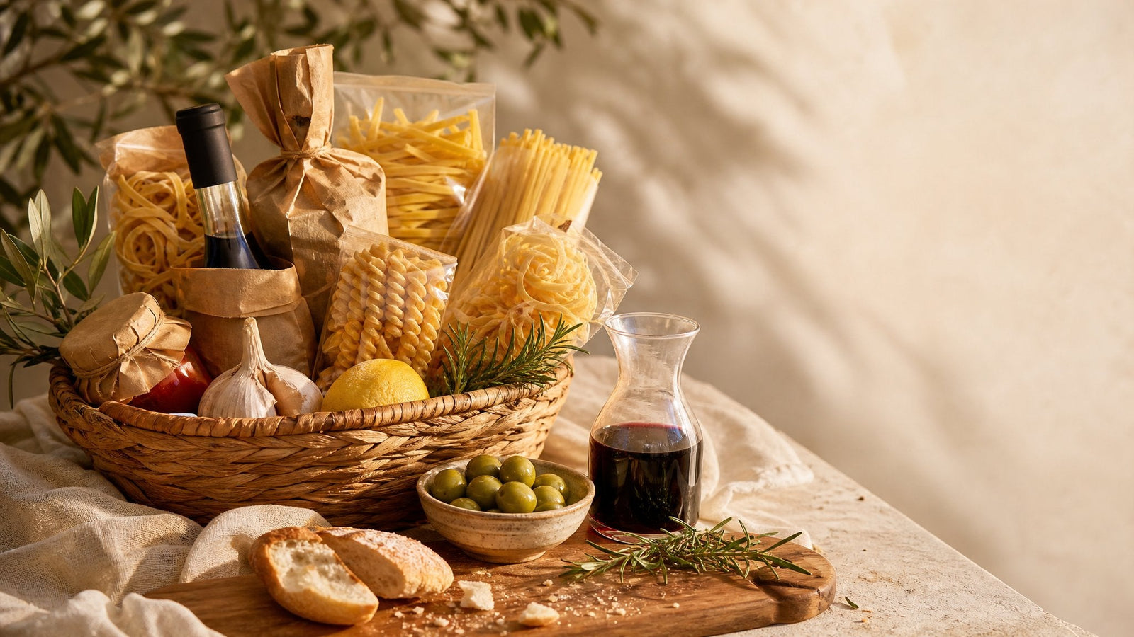 Editorial food photograph of pasta gift basket, natural light, no text